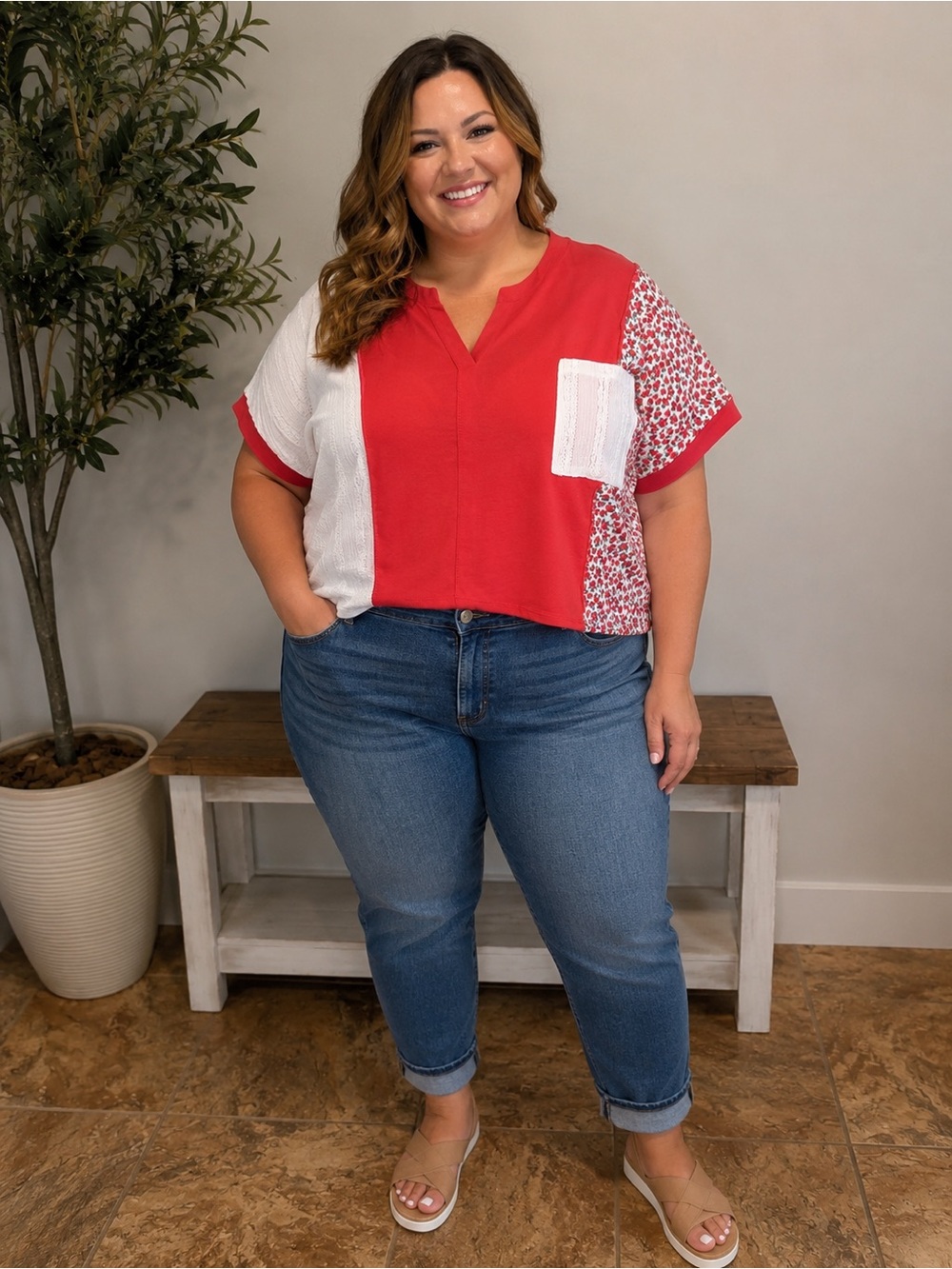 7th Ray Red & White Colorblock V-Notch Short Sleeve Top